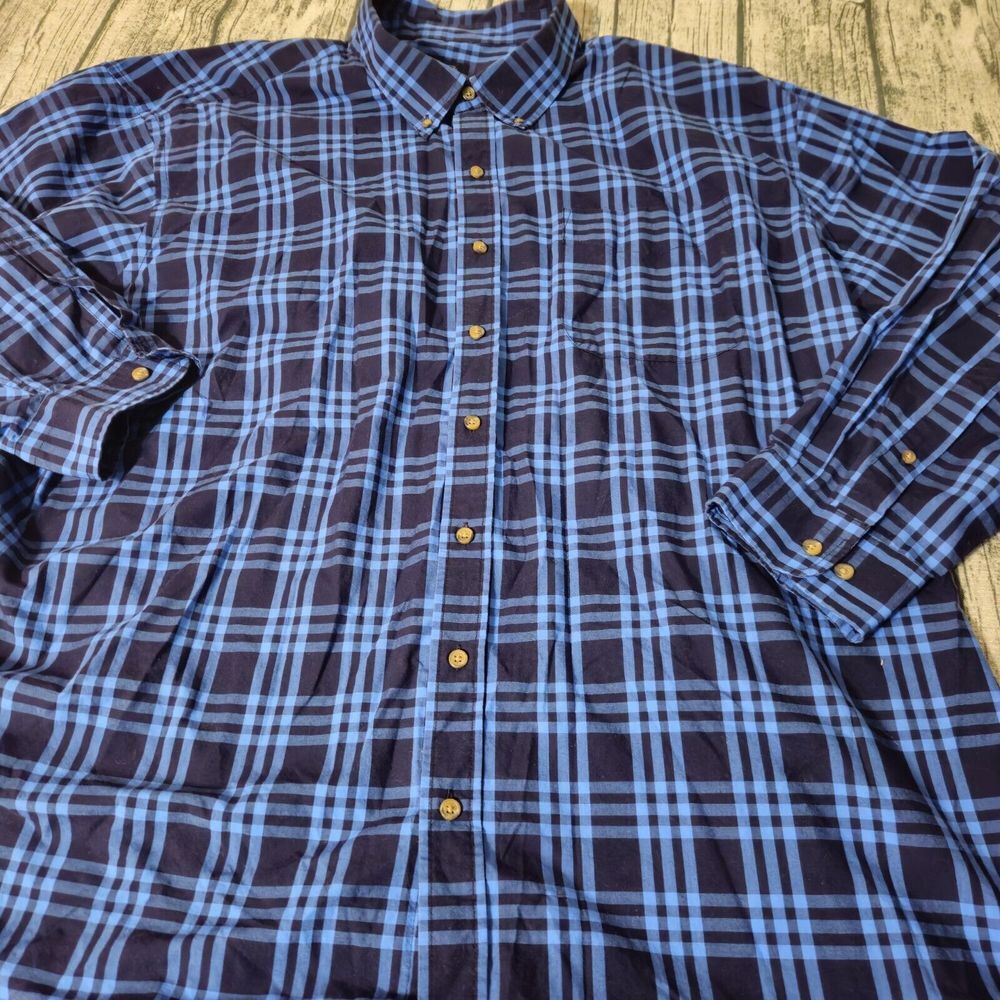 HB Harbor Bay Shirt Blue Mens Size 4XL Plaid Long Wide Sleeve Button‎ Up